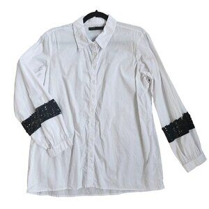 SIMON CHANG POP CRISP WHITE BUTTON DOWN SHIRT W/ BLACK SEQUINS SIZE LARGE